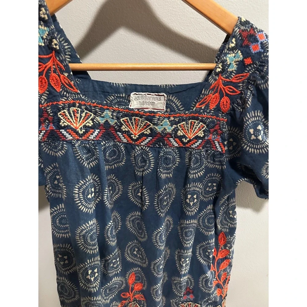 Johnny Was Workshop Maureen Navy Embroidered Square Neck Peasant Top XS‎ Boho